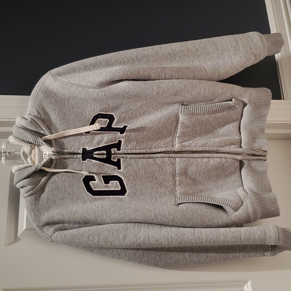 GAP Fleece Lined Hoodie zip front small men's gray navy logo